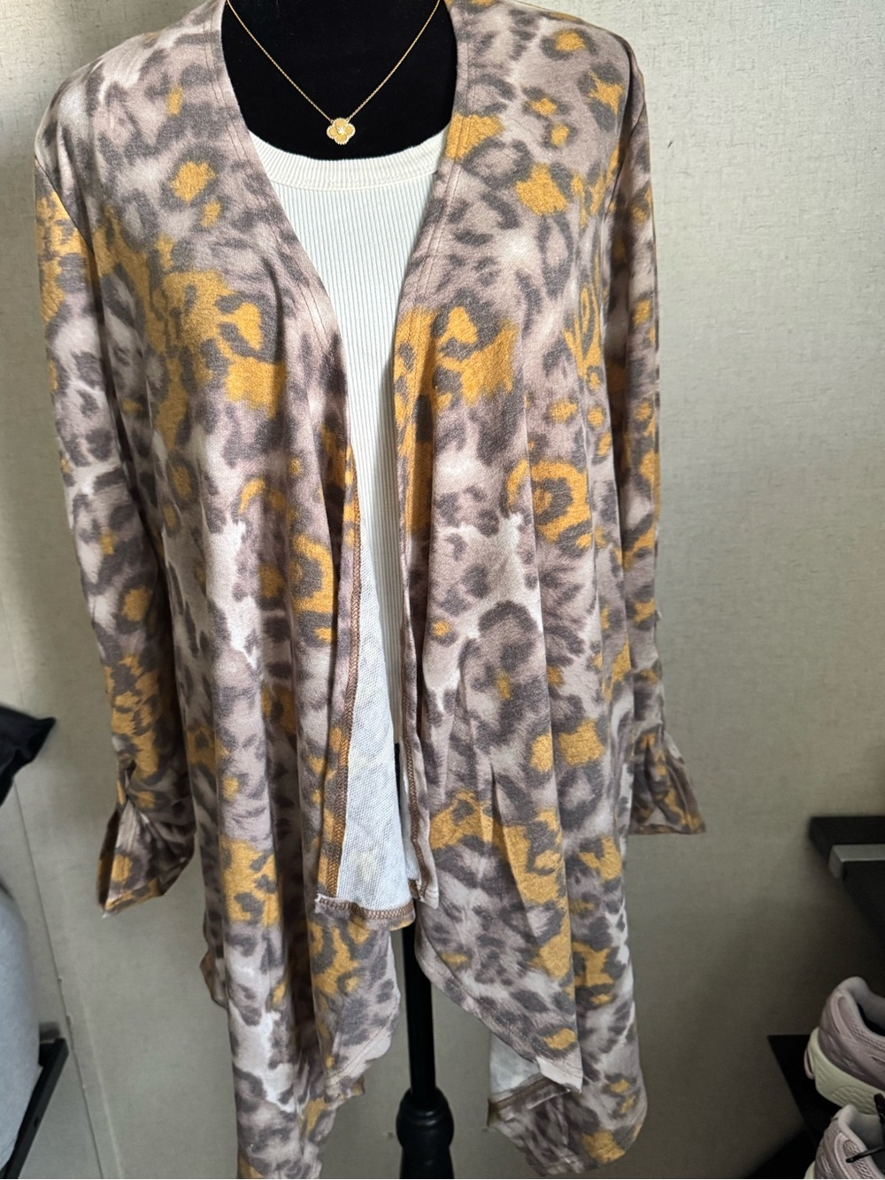 Mystree Boutique Taupe Mustard Animal Print Open Front Cardigan